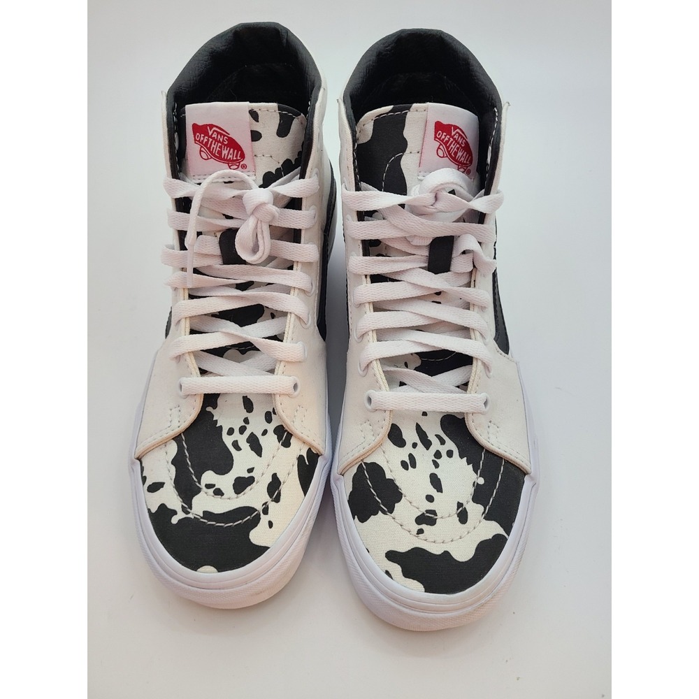 Vans Sk8-Hi High-top Sneakers, Black and White Cow Print Pattern. Size 7.5 M/9 W